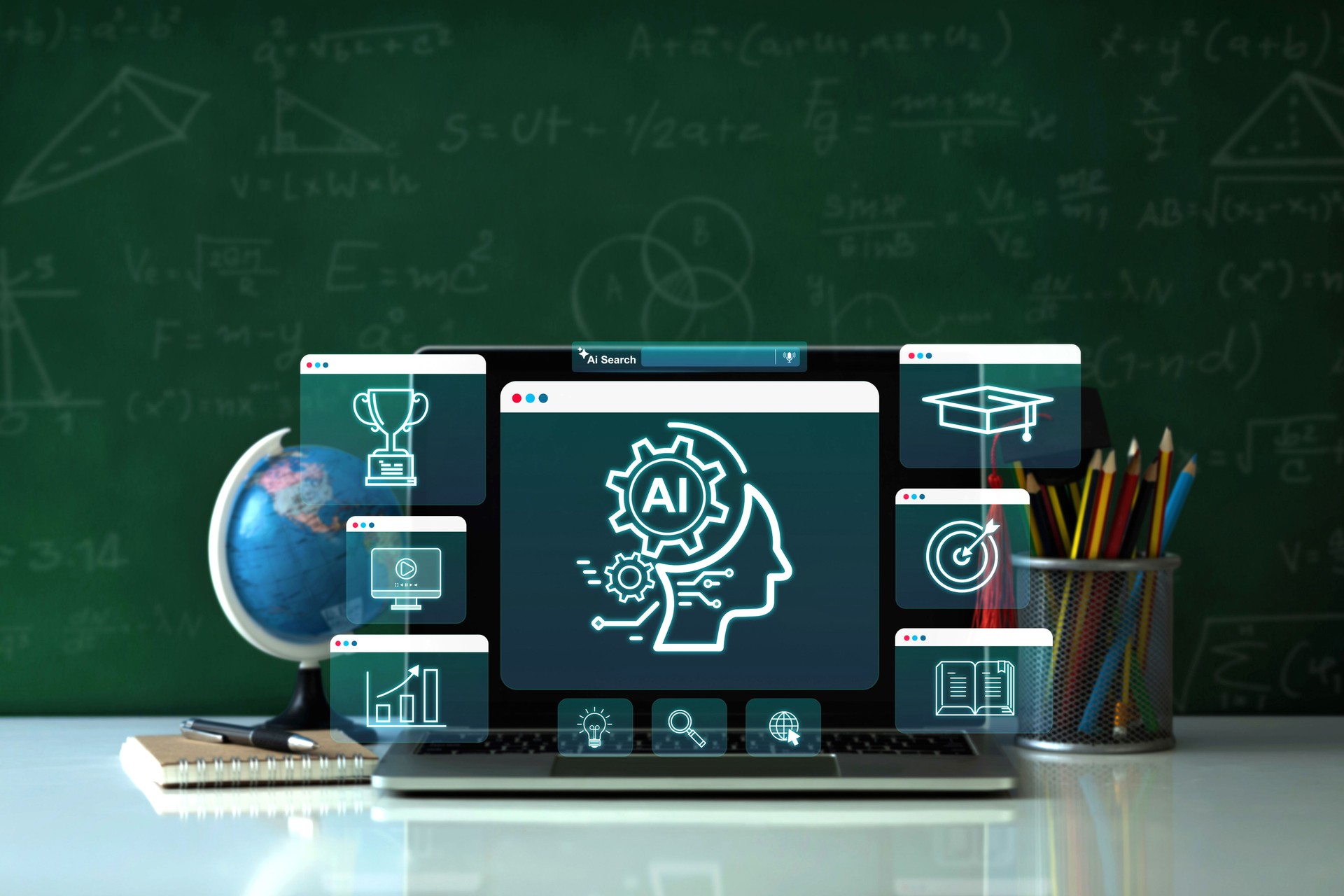 AI Artificial Intelligence for Education technology concept, E-learning technology, education icons on virtual screen. online learning, E-book. certificates, webinar.Generative AI-enhanced learning.